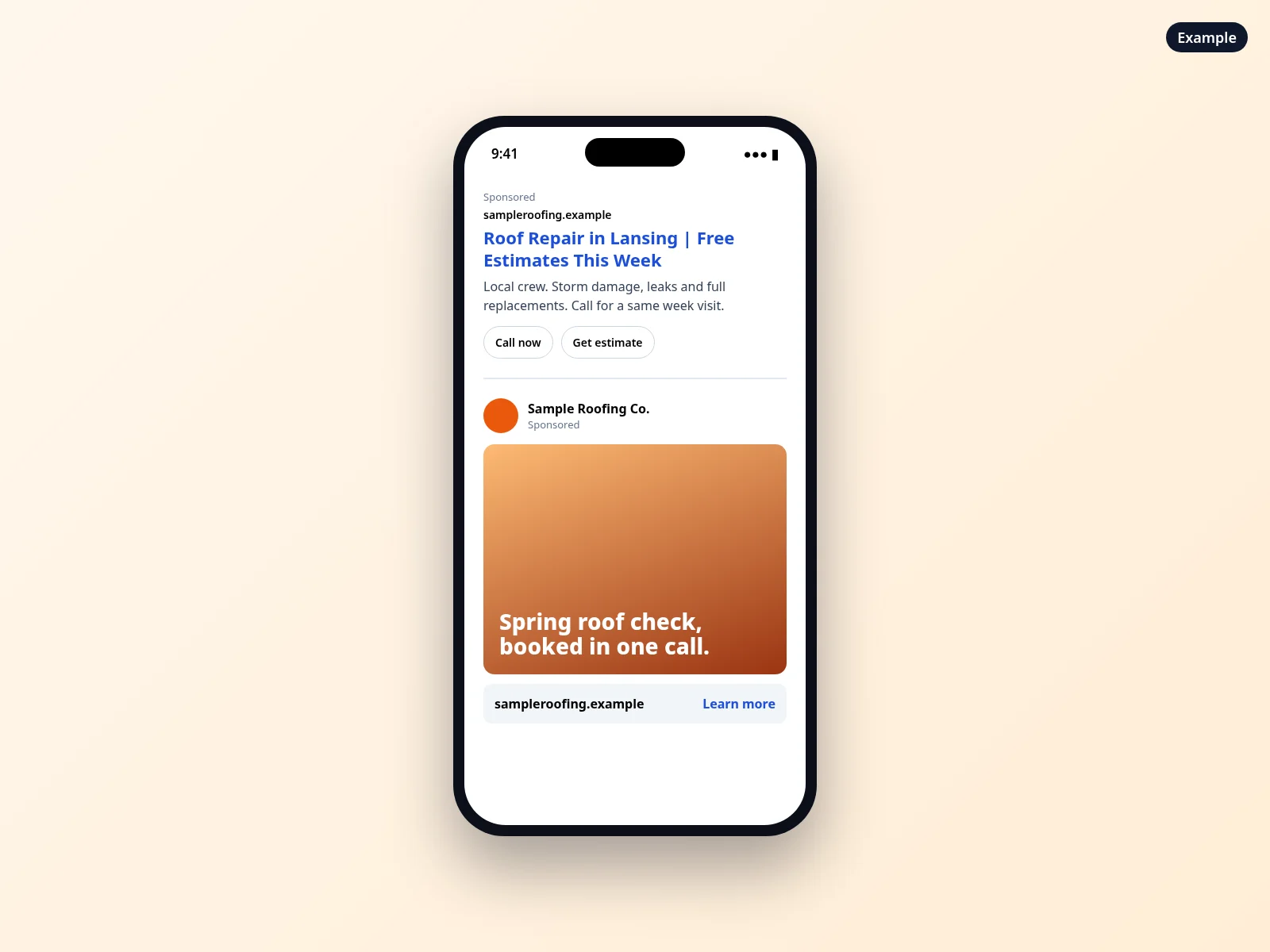 Example search ad and social ad for a fictional roofing company on a phone