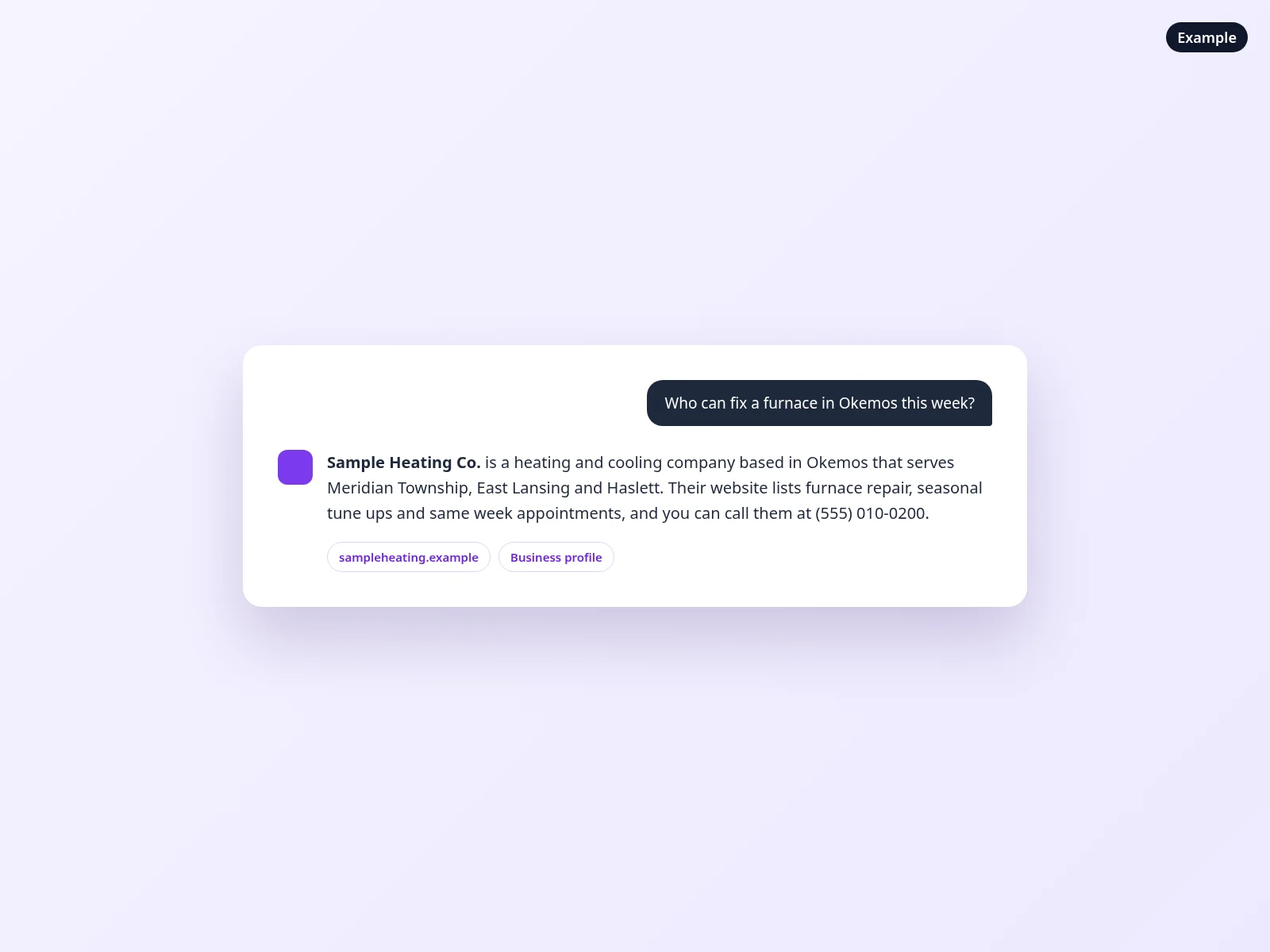 Example AI assistant answer describing a fictional Okemos heating company
