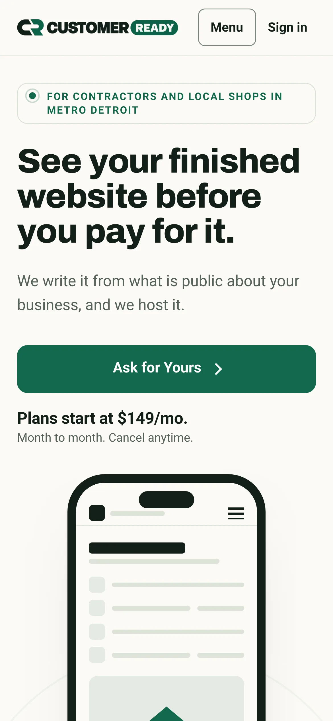 CustomerReady mobile website preview