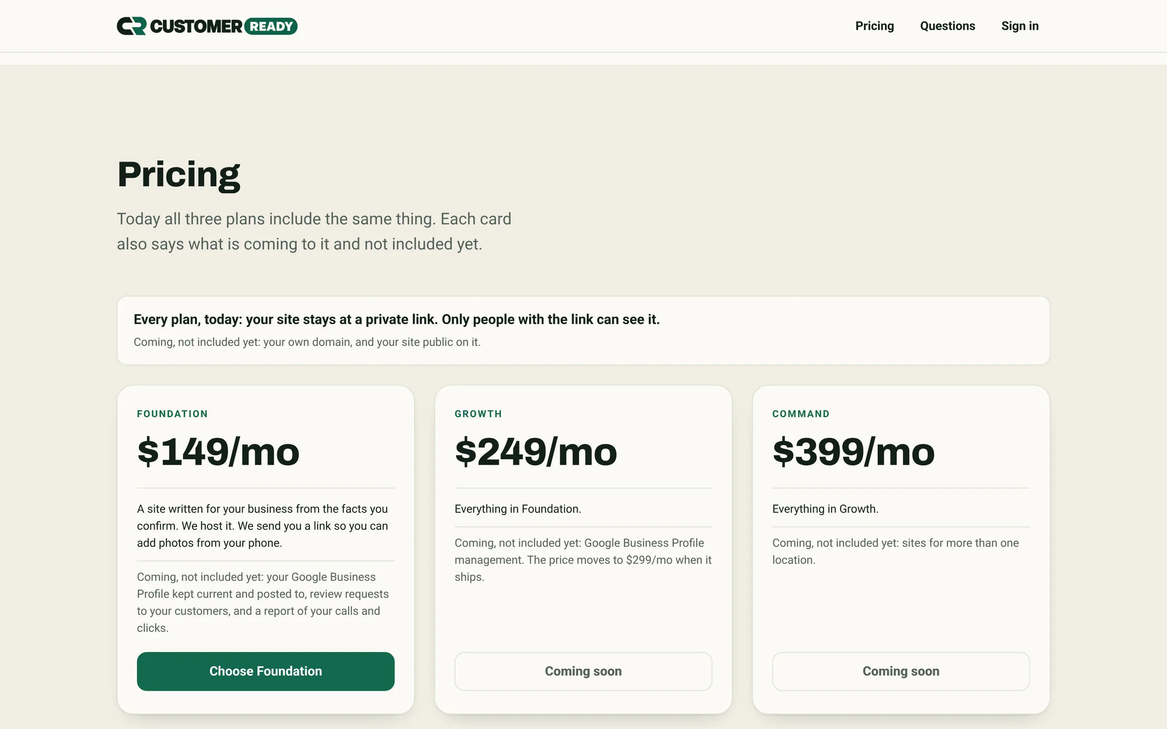 CustomerReady pricing section preview