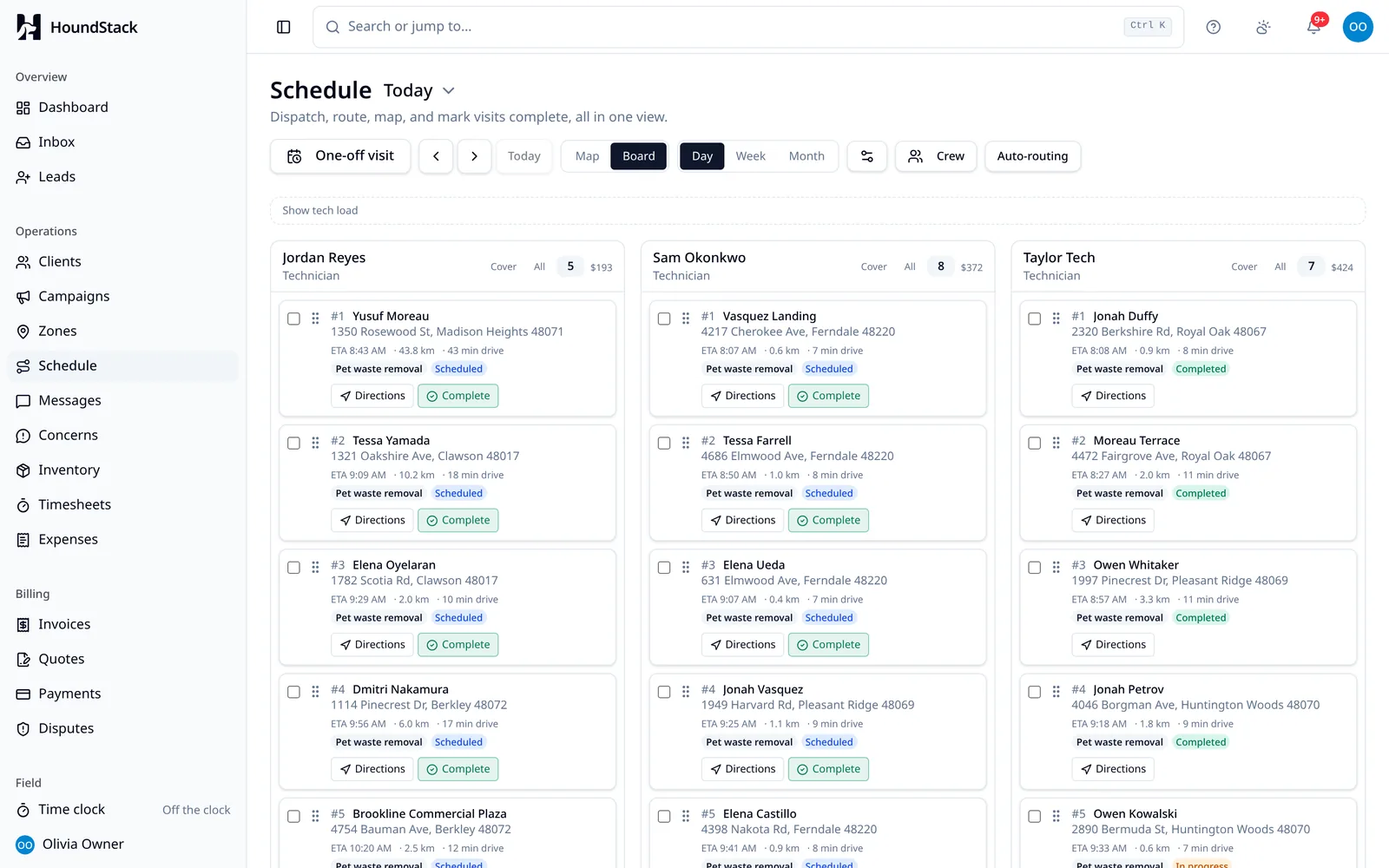 HoundStack schedule board with one column per technician: Jordan Reyes, Sam Okonkwo and Taylor Tech, each stop showing address, ETA, drive time and status, with Taylor Tech's first four stops completed