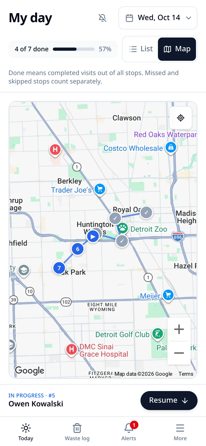 HoundStack My day map on a phone: 4 of 7 stops done, completed stops checked off and the remaining three numbered along the route