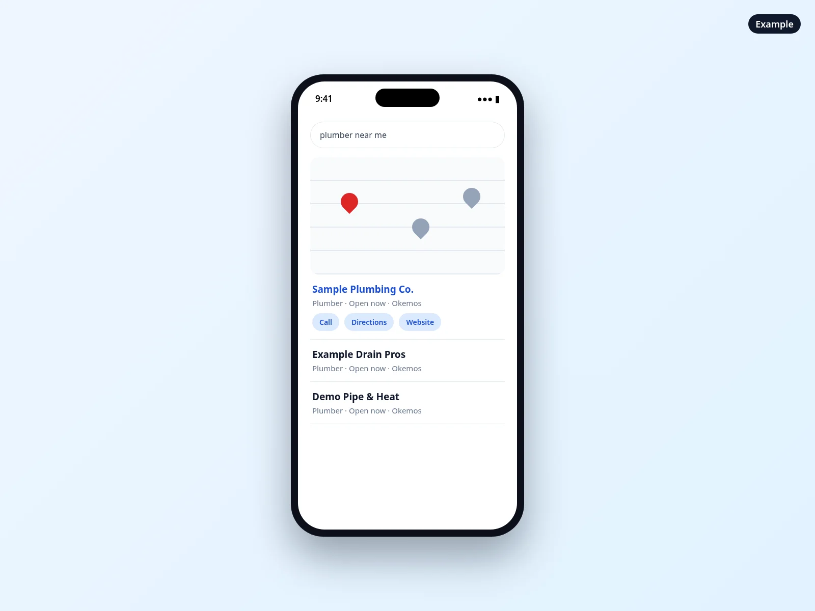 Example local search result on a phone with a business profile for a fictional plumber