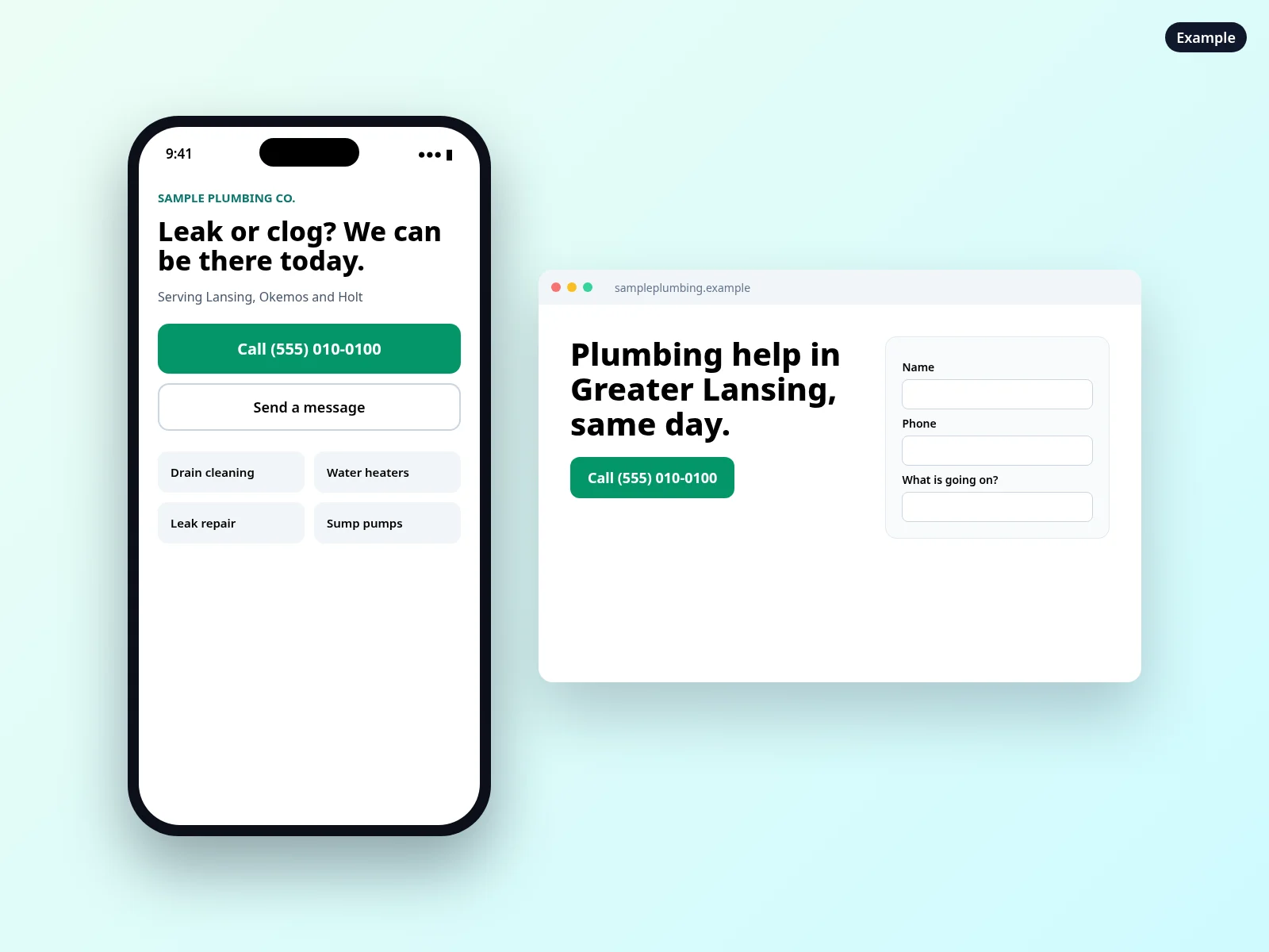 Example trade website for a fictional plumbing company on a phone and a laptop